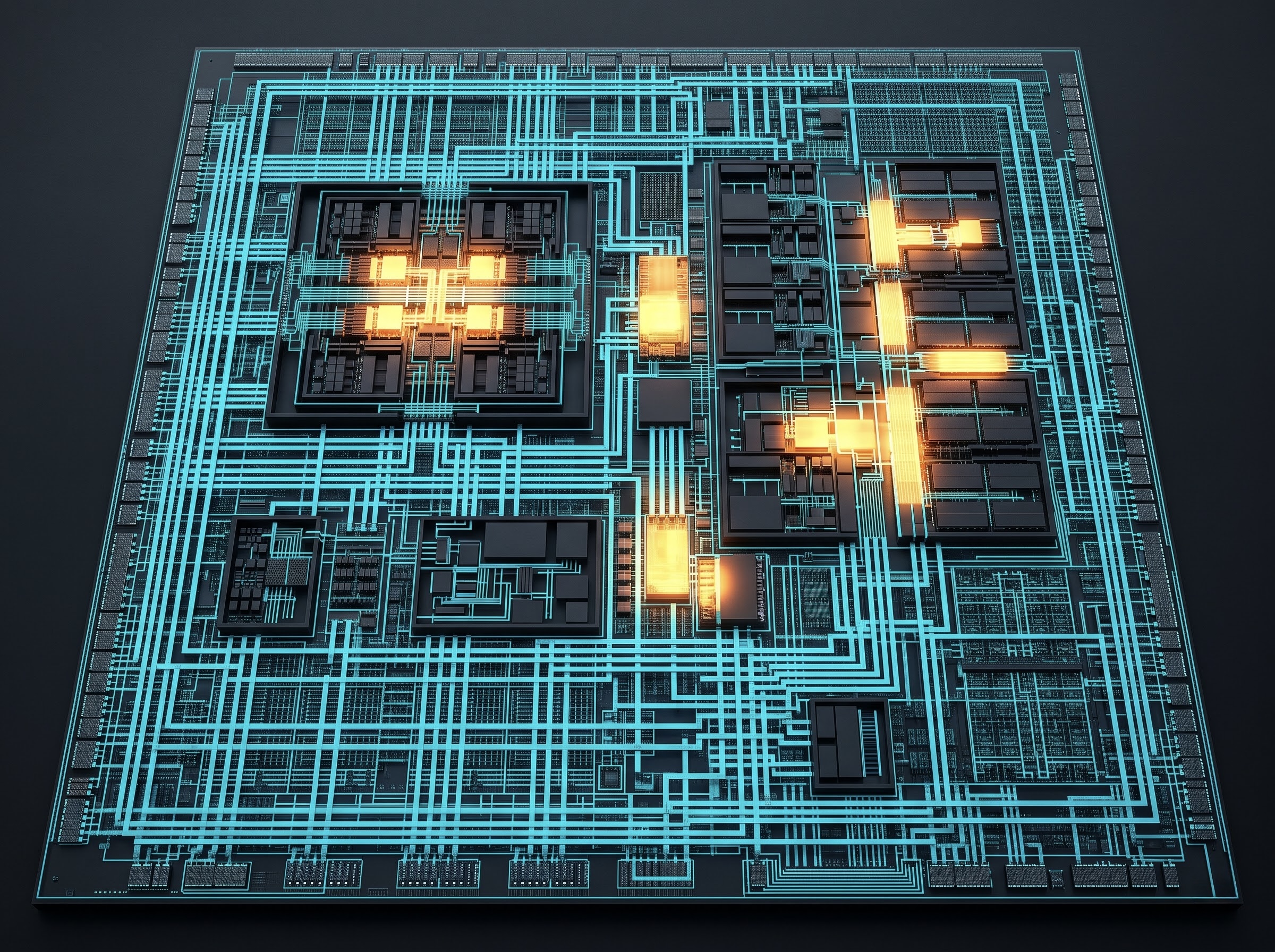 Chip floorplan with macros, power grid and metal layers