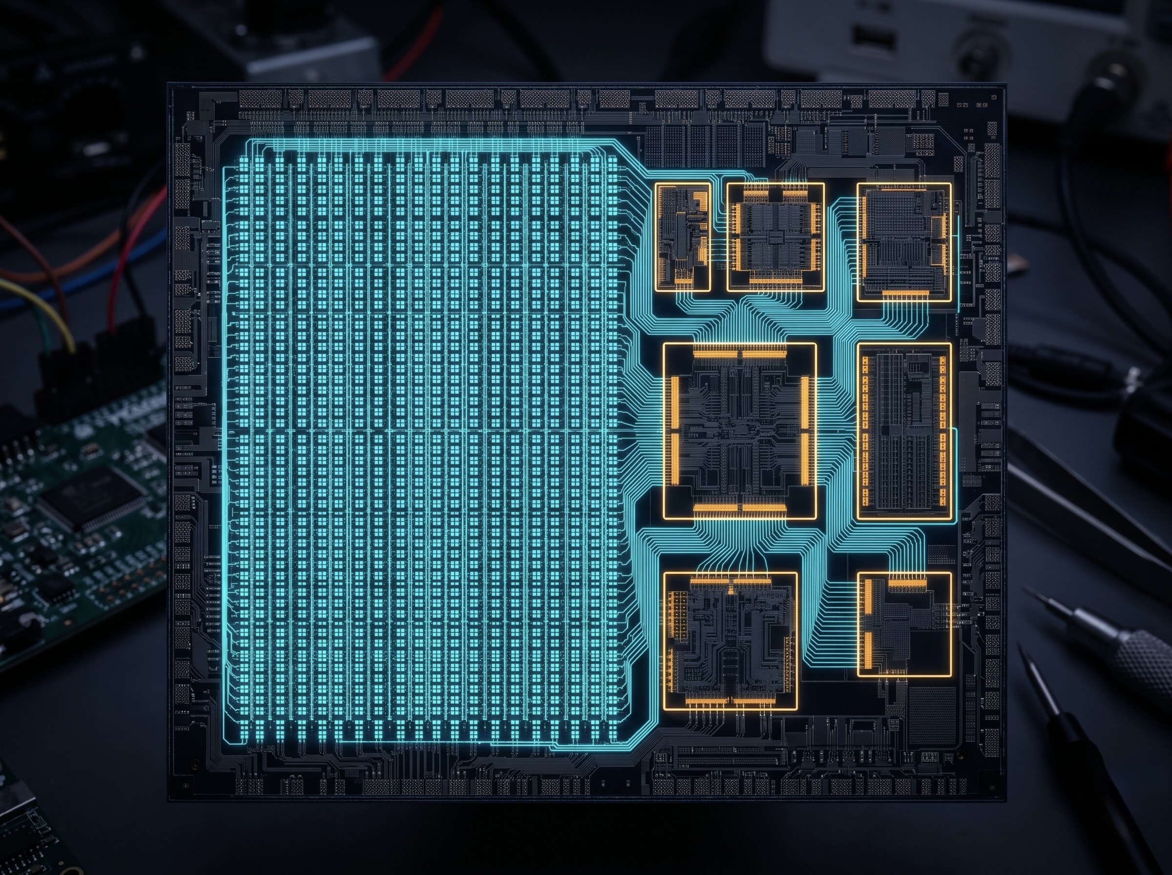 FPGA fabric with LUTs, routing channels and IP blocks